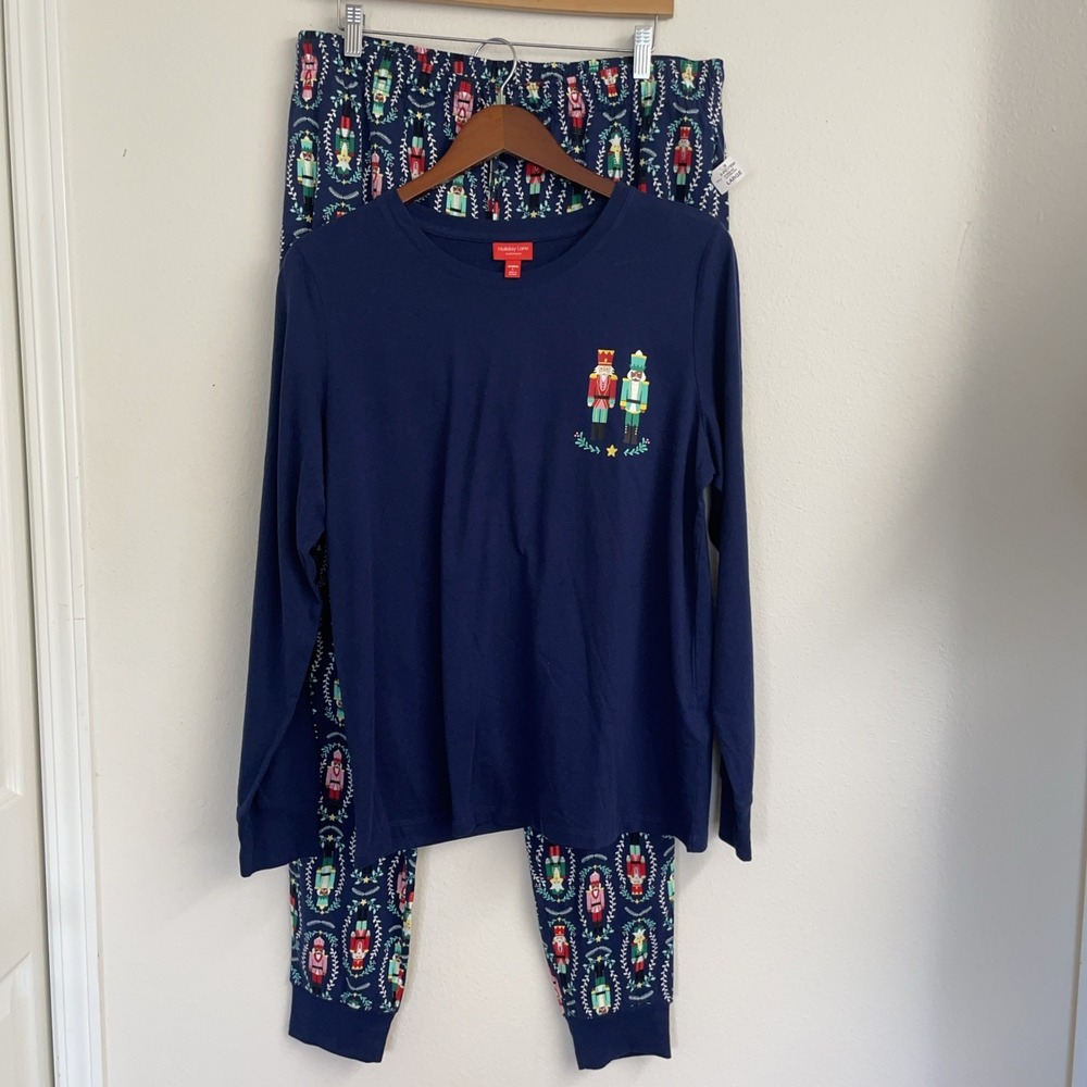 Holiday Lane Pajama Set Womens Large Navy Nut Cracker‎ Graphic Long Sleeve NWT